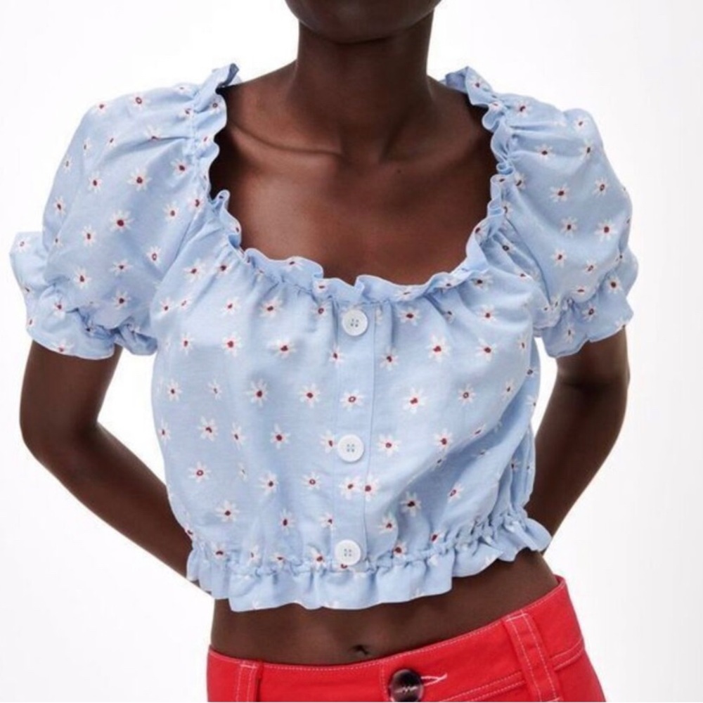 Zara Linen Light Blue Floral Crop Top Size XS